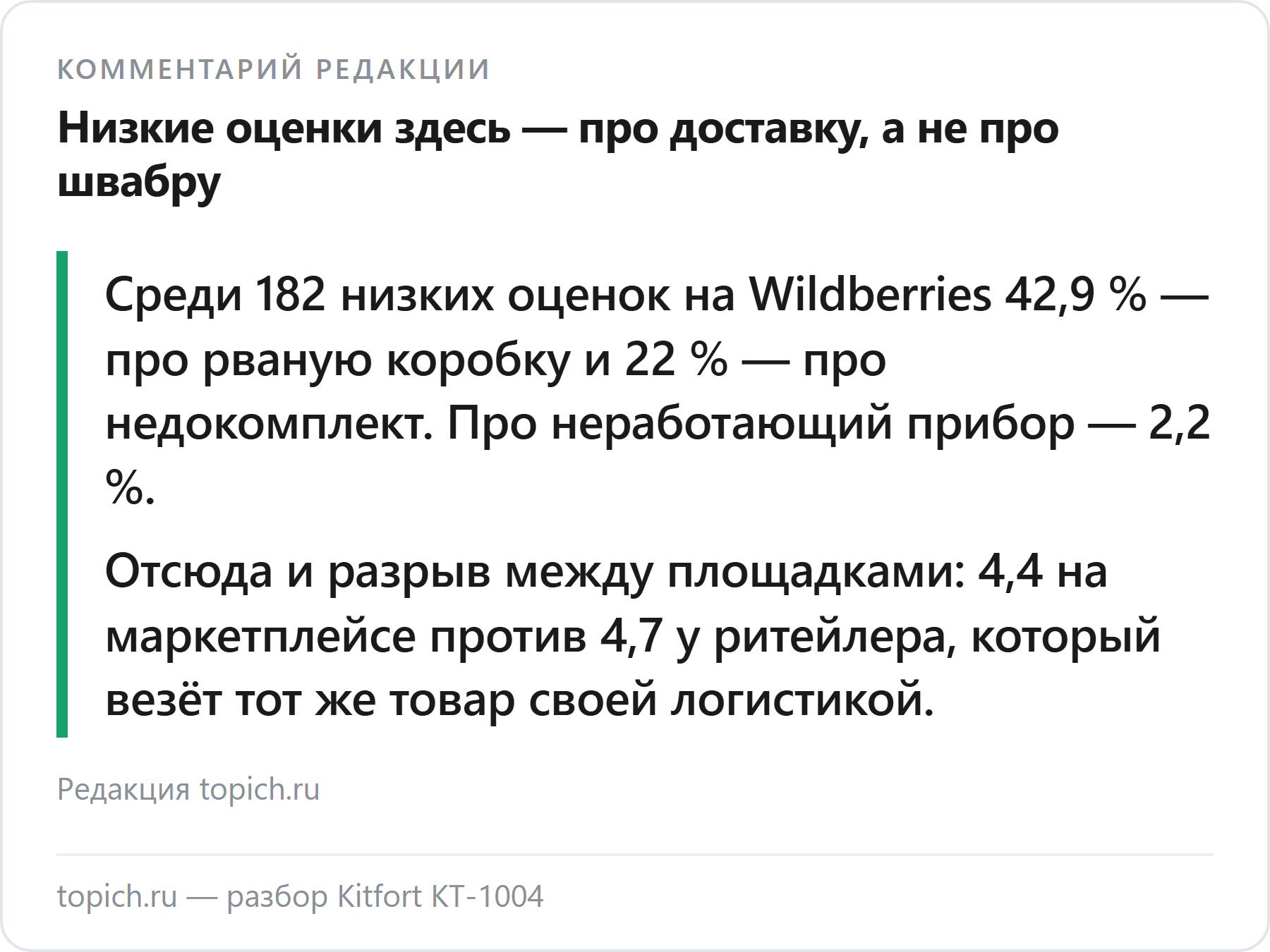 Комментарий редакции topich.ru: у паровой швабры Kitfort KT-1004 разница рейтингов между площадками объясняется доставкой, а не прибором