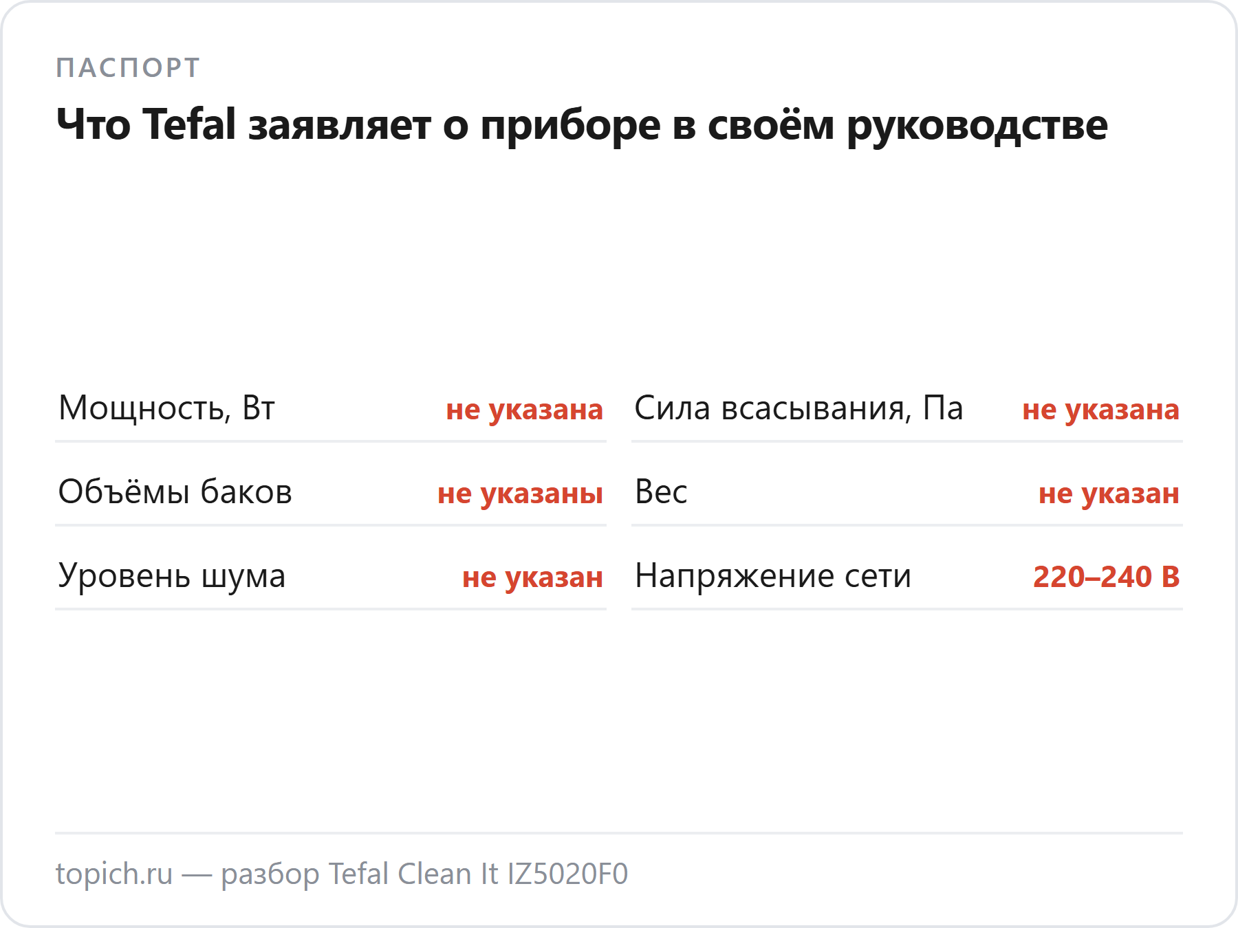 В официальном руководстве Tefal IZ5020F0 не указаны ни мощность, ни сила всасывания, ни объёмы баков, ни вес, ни шум