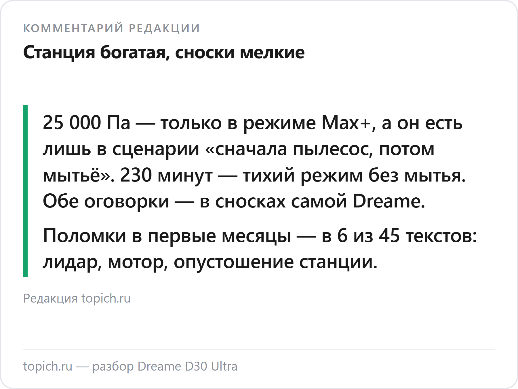 Комментарий редакции topich.ru: Dreame D30 Ultra — 25 000 Па только в режиме Max+, поломки в первые месяцы в 6 из 45 текстов