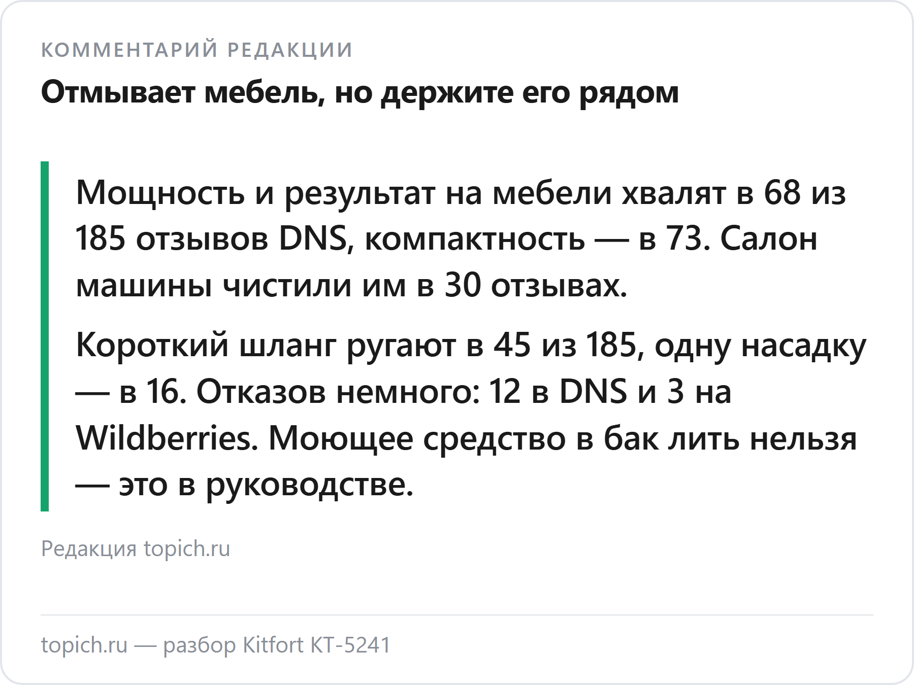Комментарий редакции topich.ru: Kitfort KT-5241 — результат на мебели хвалят в 68 из 185 отзывов DNS, короткий шланг ругают в 45, отказов 12
