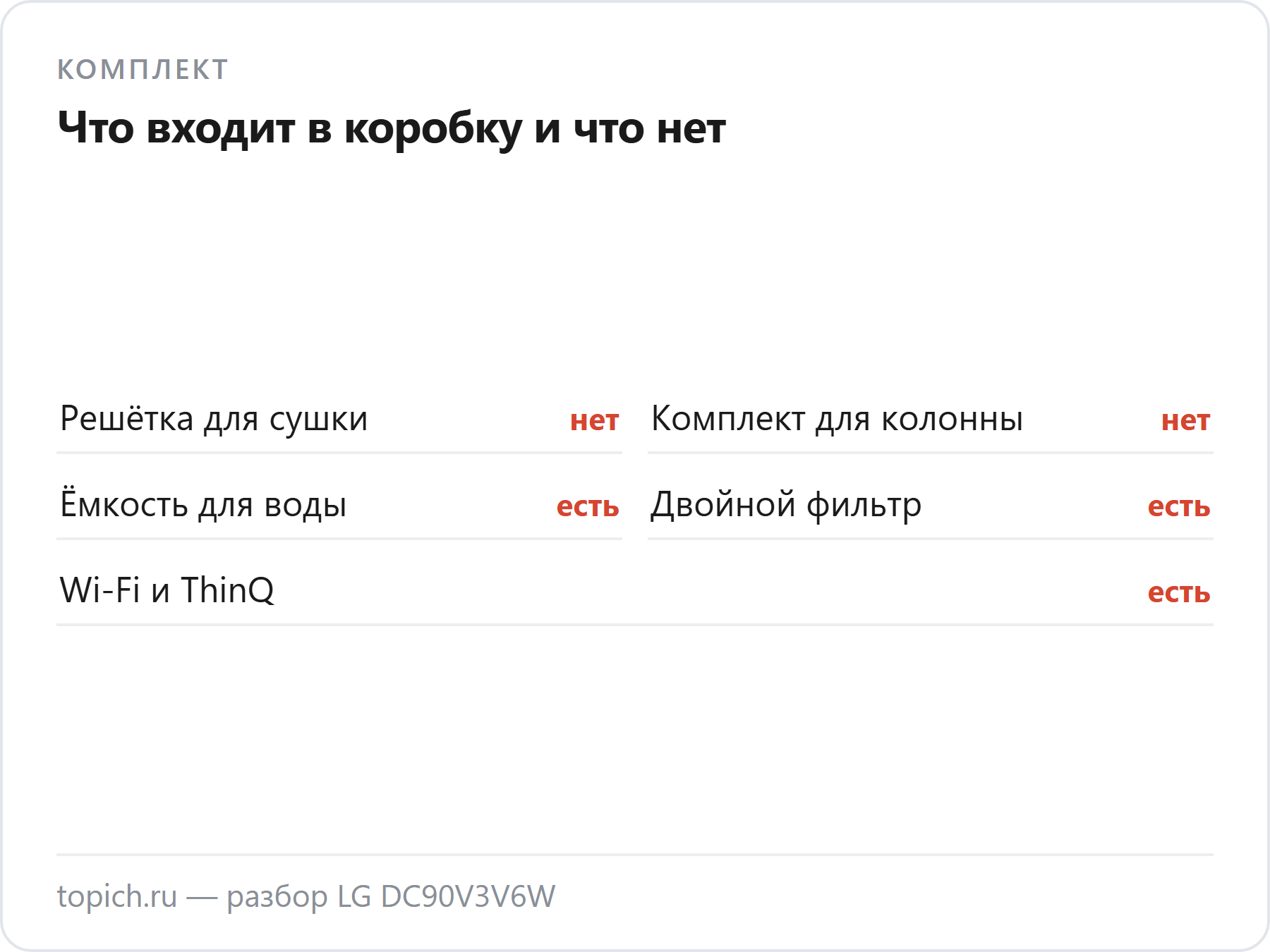 LG DC90V3V6W: решётки для сушки нет, покупают отдельно; комплекта для колонны нет; ёмкость для воды есть; двойной фильтр есть; Wi-Fi и ThinQ есть
