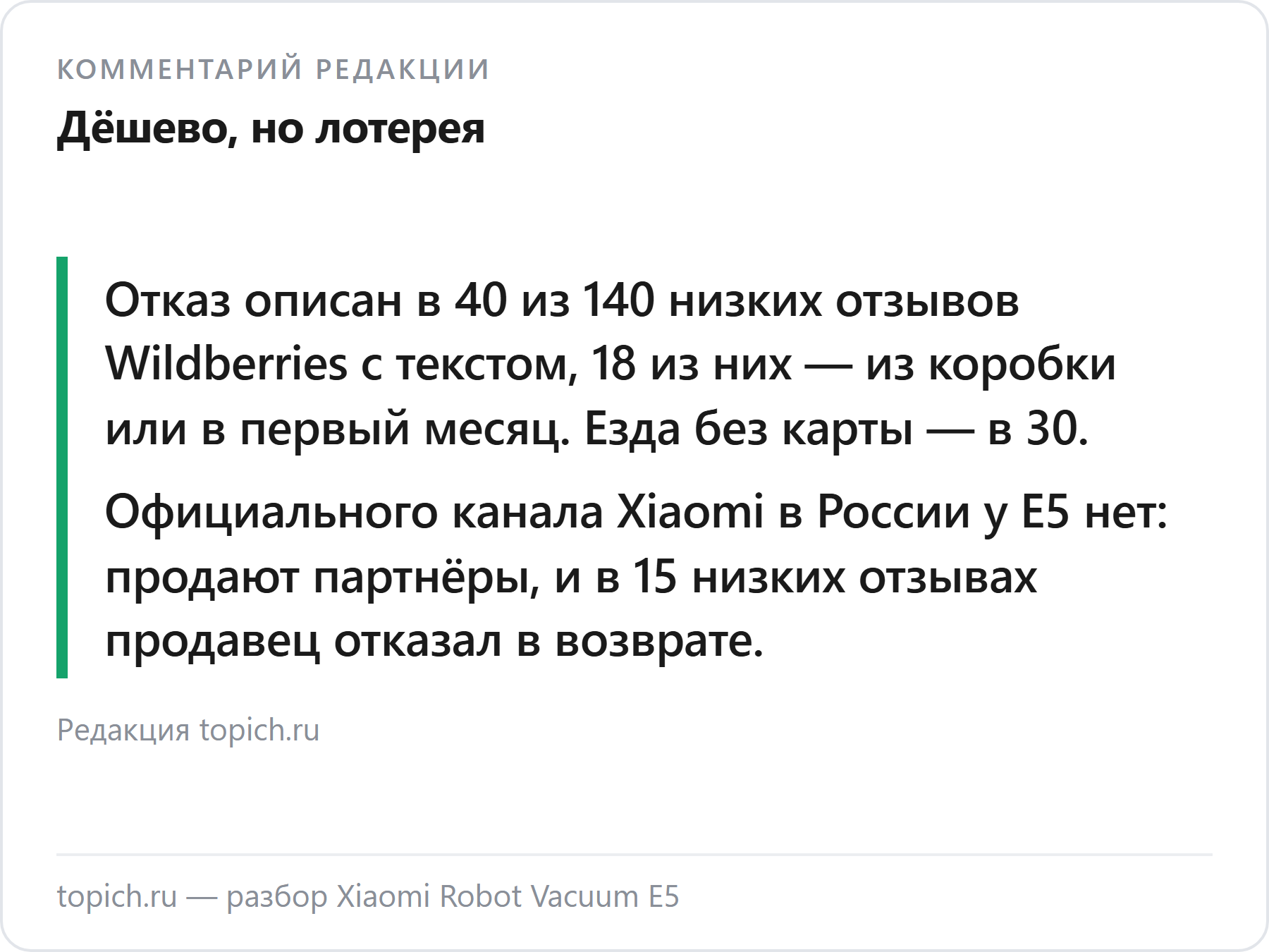 Комментарий редакции topich.ru: Xiaomi E5 — брак описан в 40 из 140 низких отзывов, езда без карты — в 30